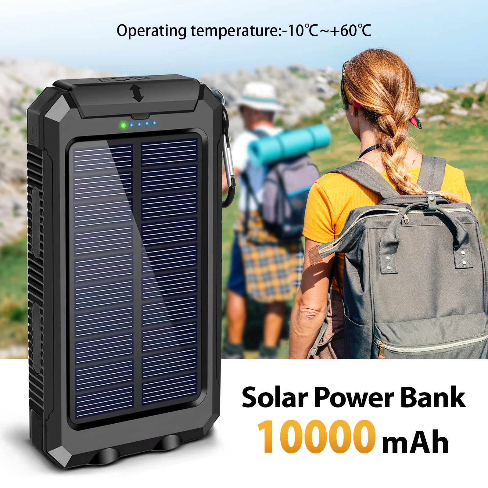 10000mAh Solar Power Bank Portable Waterproof Outdoor Dual 5V 1A USB Ports Fast Charging LED Flashlight for iPhone Tablets