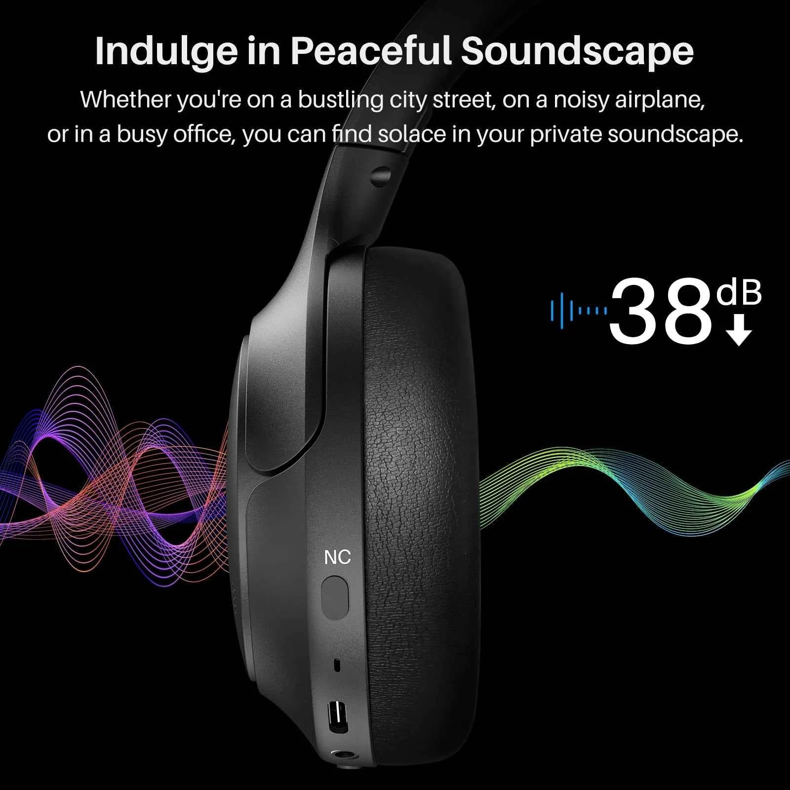 Refurbished TOZO Hi-Res Over Ear Headphones with Mic Hybrid Active Noise Cancelling 38dB Wireless&Wired Headsets 40mm Driver