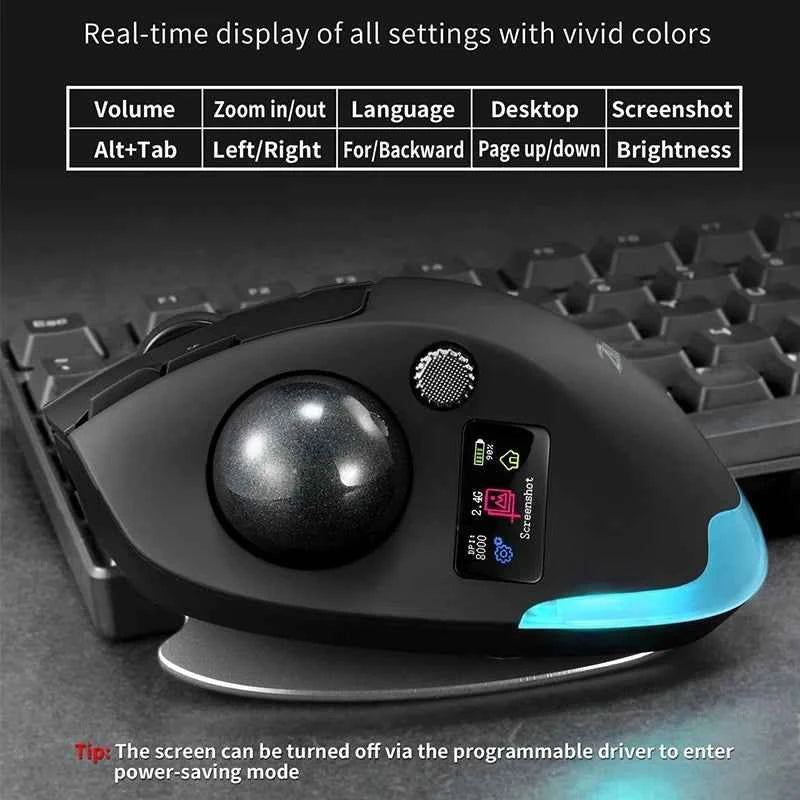 Ergonomic BT& 2.4G Wireless Trackball Mouse with Screen Display,Rechargeable 8000DPI Wirelss Backlit Mice for Window/Mac OS