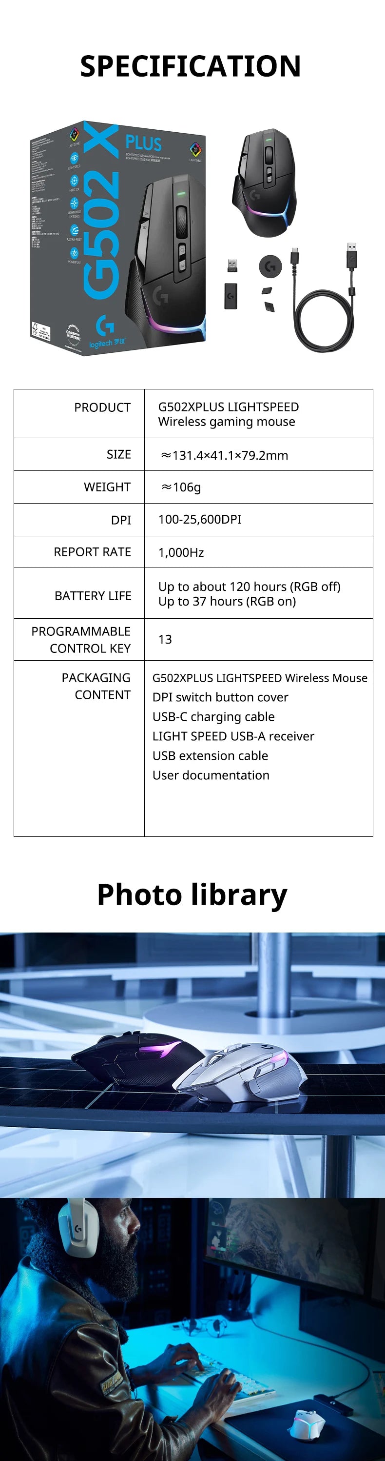 Logitech G502 X PLUS LIGHTSPEED Wireless Gaming Mouse, 25K Hero, 8K Polling, RGB Lighting, Programmable eSports Mouse