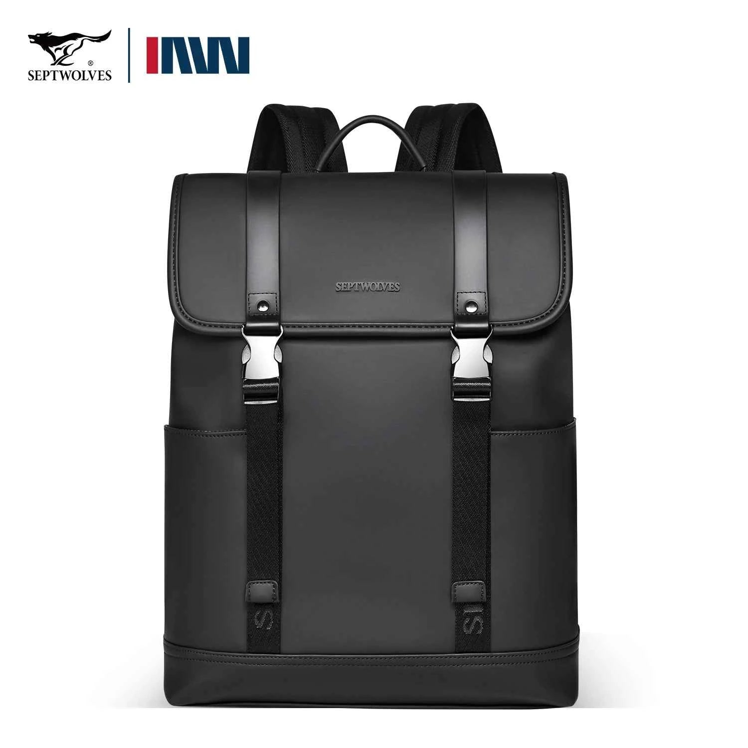 Septwolves Black Men Black Leather Backpack PU Large Capacity Best  Laptop Computer Backpack 15 Inch Travel Backpack Daily Use