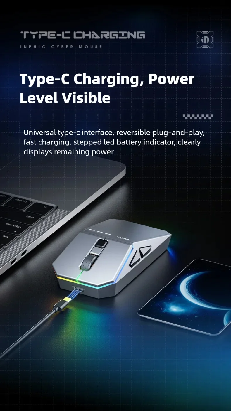 INPHIC YuanChuang-Cyber Three Mode Game Mouse 12800DPI RGB Light Effect Bluetooth Wireless Mouse
