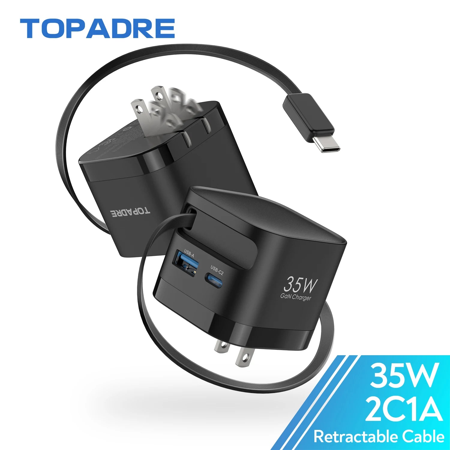 35W GaN Fast Charger with Retractable Cable, Foldable Plug, Quick Charging Block, for iPhone , Samsung , iPad, Android Phones
