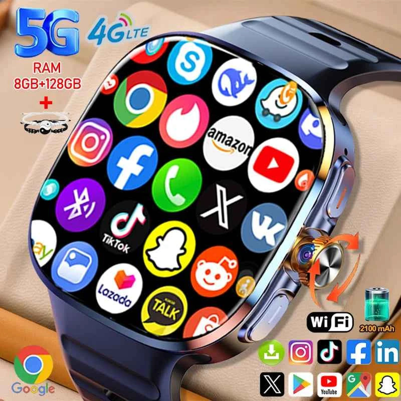 8GB+128GB RAM 5G/4G Android 9.0 Smart Watch 2.4 inch AMOLED 2100mah Battery 900W Camera GPS WIFI Google APPS Download Smartwatch
