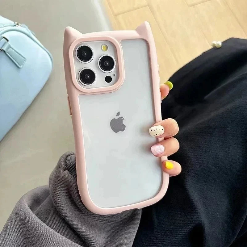 Soft Silicone Cute Cat Ear Phone Case For iPhone 16 17 13 15 14 12 11 Pro Max Air XS Max Funda Transparent Shockproof Back Cover