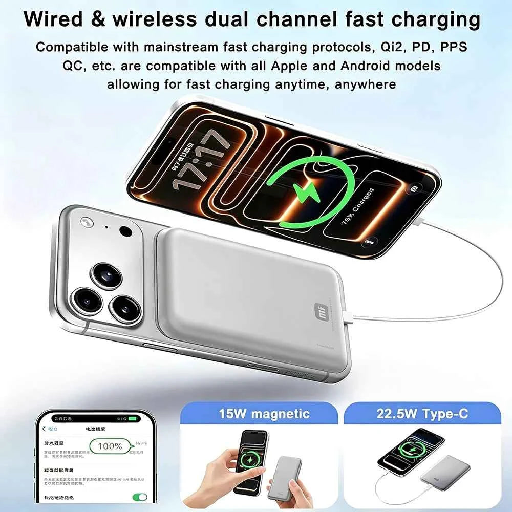 Mufod Qi2 Magnetic Power Bank 5000mah 15W Wireless Charging 20W Portable Wired Charge PD 22.5W Type C Cable Bidirectional Fast Charging Powerbank For Iphone 17 16 15 Pro Max Magsafe Xiaomi Samsung Magsafe Oneplus Mobile Batte