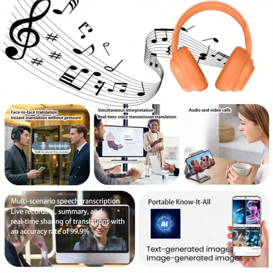AI Translation Wireless Headphones, Magnetic LCD Touch Screen, Foldable Retractable Design, Real-time 115 Languages Translation, BT6.0, Multi-functions for Photo, Flashlight, Alarm & Voice Recording, AUX Wired Supported
