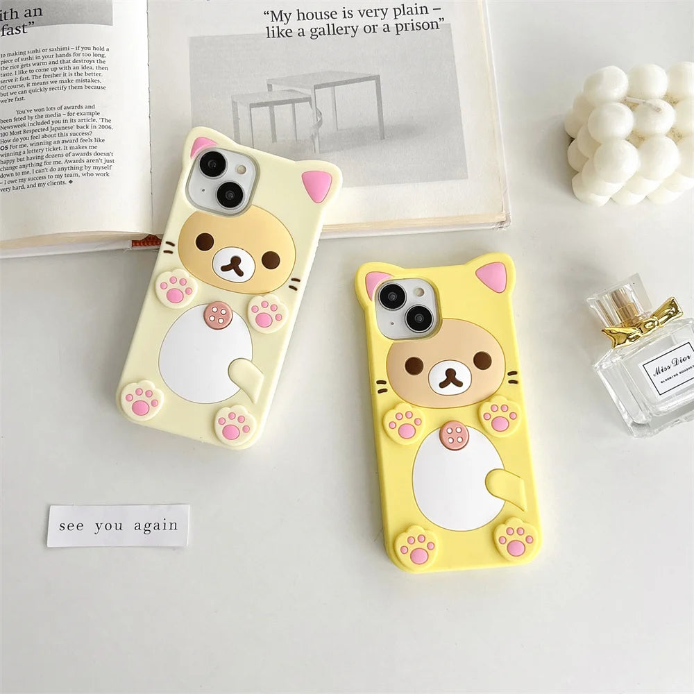 Cute Cartoon 3D Rilakkuma Phone Case For iPhone 17 16 15 14 13 12 11 Pro X XS Max XR 6 7 8 Plus 5 5S SE Key Chain Pendant Cover