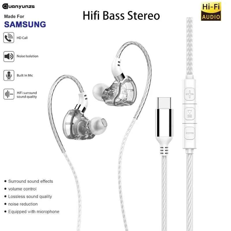 Original Type-C Wired Headphones Handsfree with Mic Earbuds Bass Stereo Hifi Earphones Headset Gaming for Samung for Xiaomi