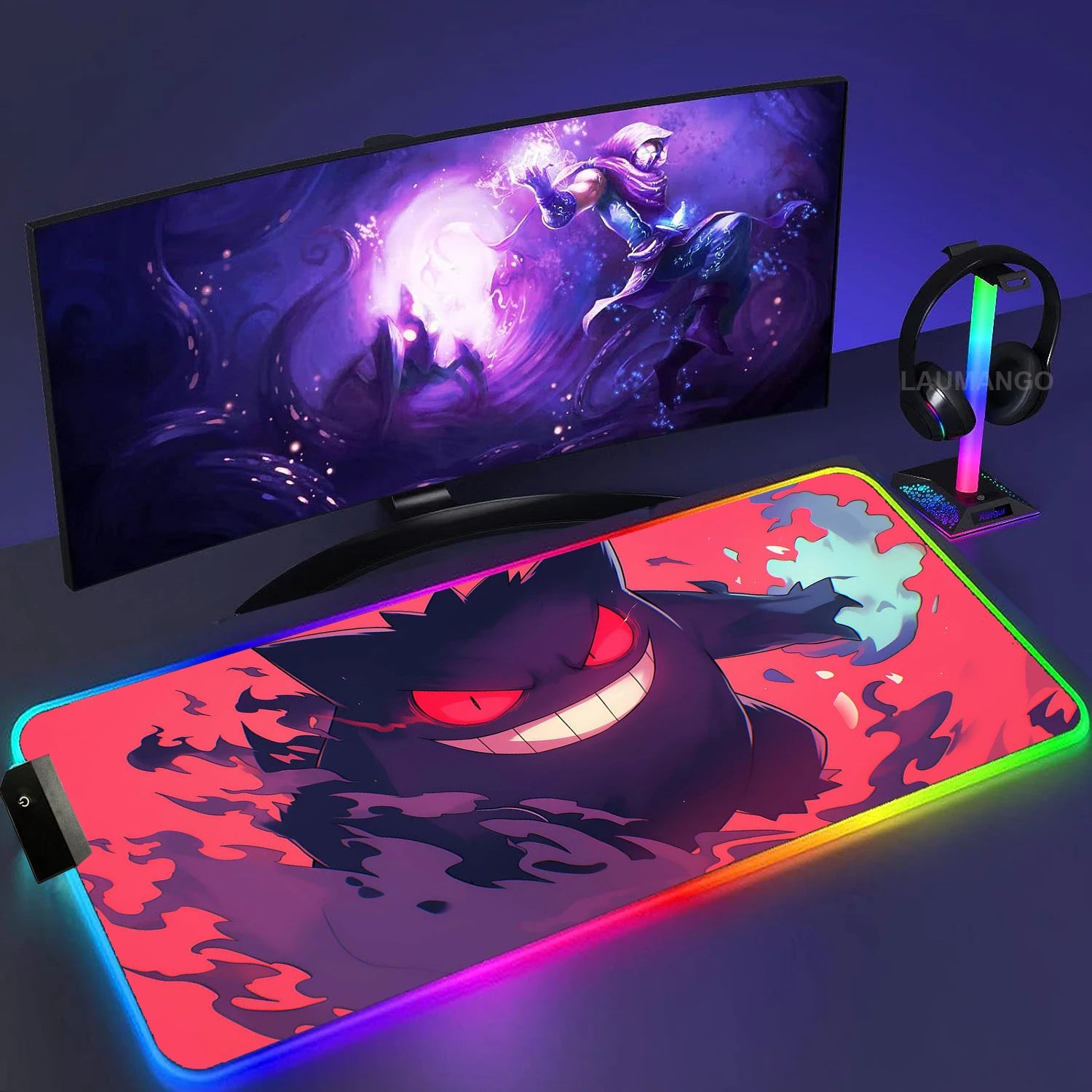 Gengar Mousepad Pokemon RGB LED Purple Mouse Pad Gaming Accessories Ghost Big Extended Keyboard Carpet PC Anime Desk Mats - WinSupport Tech