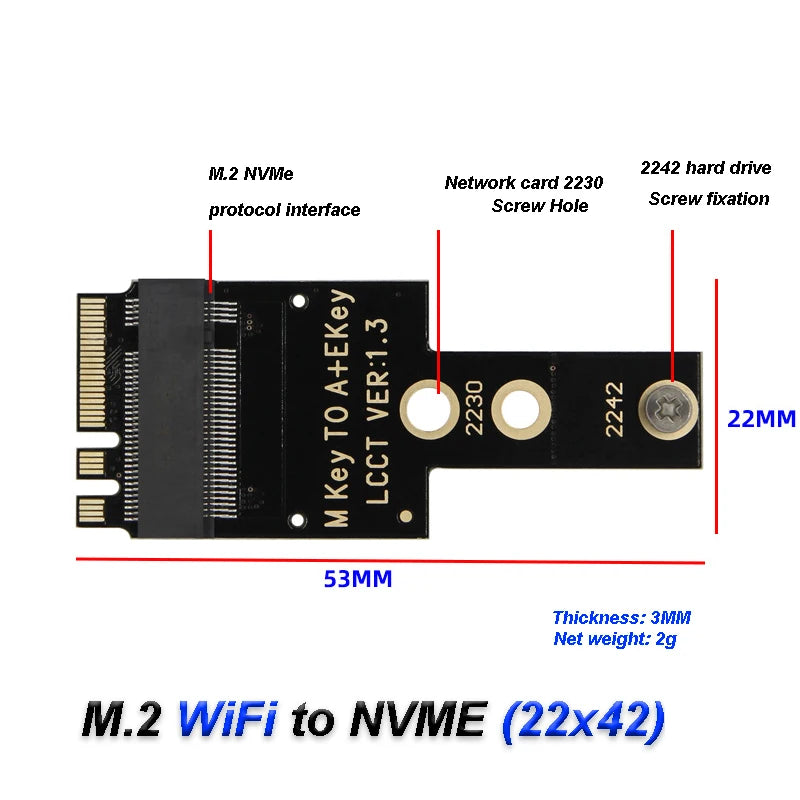 M.2 WiFi Wireless Network Card A+E Key Bit to 2230 2242 NVME Hard Drive M.2 NGFF SSD Adapter Card for Mini PC