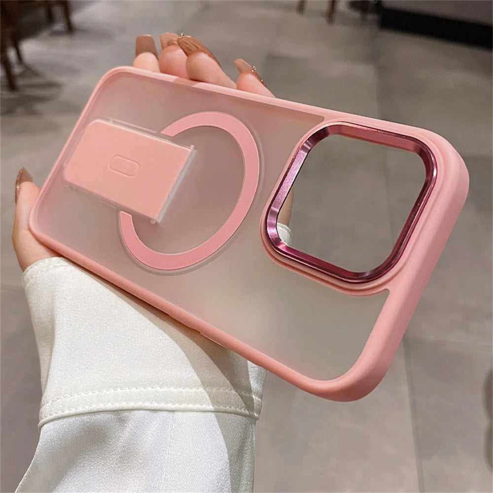 Folding Stand Holder Magnetic Matte Case For iPhone 17 16 Pro Max 15 14 Plus 13 12 For Magsafe Wireless Charge Shockproof Cover