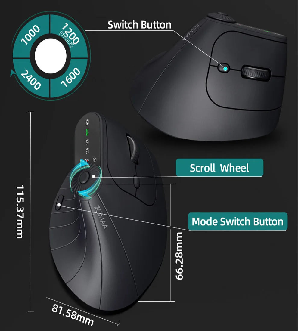 Wireless Vertical Mouse Rechargeable Optical Mice With Function Adjustment Knob Ergonomic Mouse for Multi-Purpose