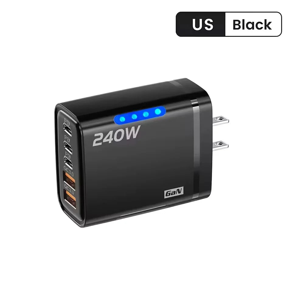 5 in 1 GaN USB C Desktop Charger 240W Fast Charge Phone Adapter Type C Cable For iPhone Samsung Xiaomi EU/US/UK Plug Charger