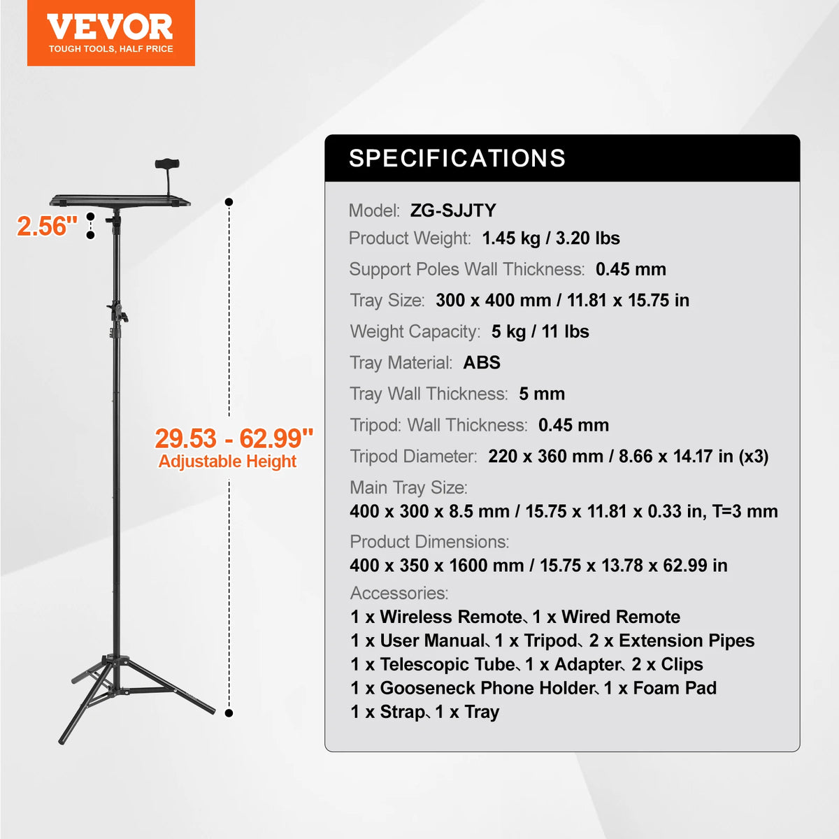 SucceBuy Portable Projector Tripod Stand Adjustable Height w/ Tray & Gooseneck Phone Holder for Outdoor Movies Home Office Stage