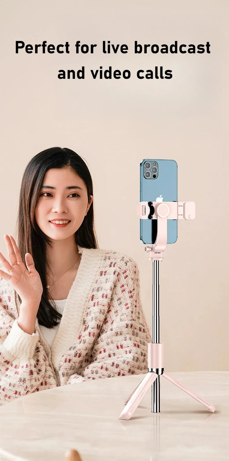 Bluetooth Remote Extendable Selfie Stick Tripod Stand for iPhone Samsung, Tiktok Live Streaming Portable Telescopic Phone Stand