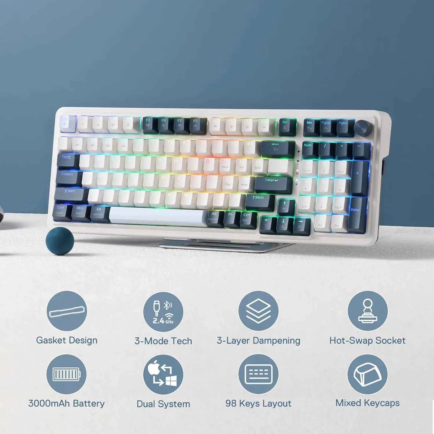 Redragon K686 PRO 98 Keys 3-Mode Wireless Gasket RGB Gaming Mechanical 5-Layer Noise Dampening Hot-Swap Keyboard