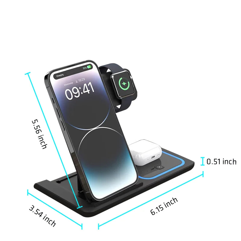3-In-1 Foldable Wireless Charging Stand 15W/10W/7.5W/5W Multi Device Fast Wireless Charger for Smartphone Smart Watch Earphones