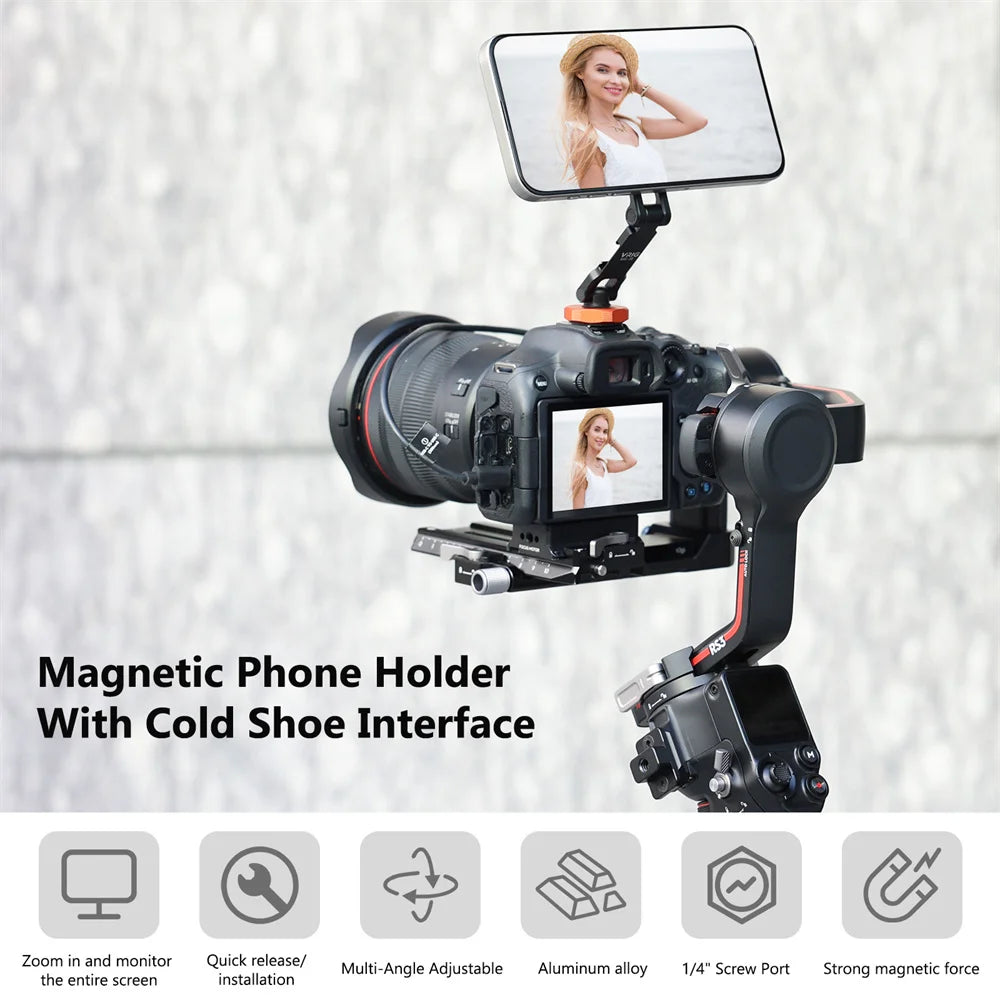 VRIG Magnetic Cold Shoe Mount Phone Holder W 1/4 Phone Tripod Mount for MagSafe iPhone 16 15 14 Samsung Camera Mic Light Monitor