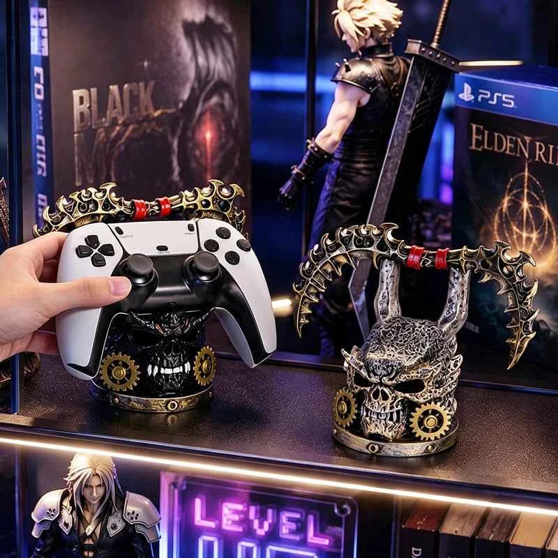 Gothic Skull Game Controller Stand Steampunk Resin Gamepad Holder Halloween Desktop Ornament Gaming Room Decor Gift for Gamers