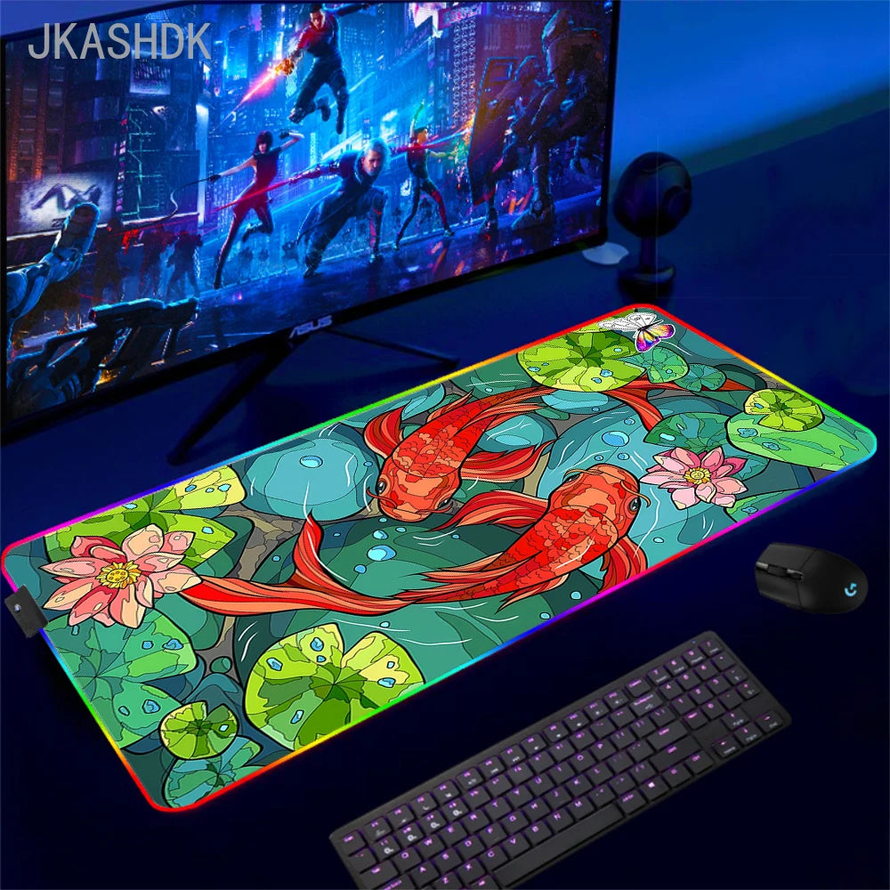 Large RGB Mouse Pad Koi Fish Gaming Mousepad LED Mouse Mat Gamer Mousepads Yin Yang Desk Pads RGB Keyboard Mause Mats XXL 100x50