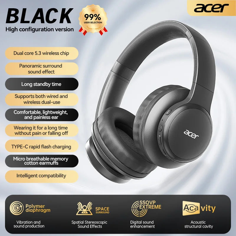 Acer Ohr559 Wireless Bluetooth Headset with High-Fidelity Stereo Bass Sound, Noise Reduction for Calls, Music, and Gaming, No Delay, Long Battery Life, Full-Ear Coverage, Comfortable Fit, with Microphone