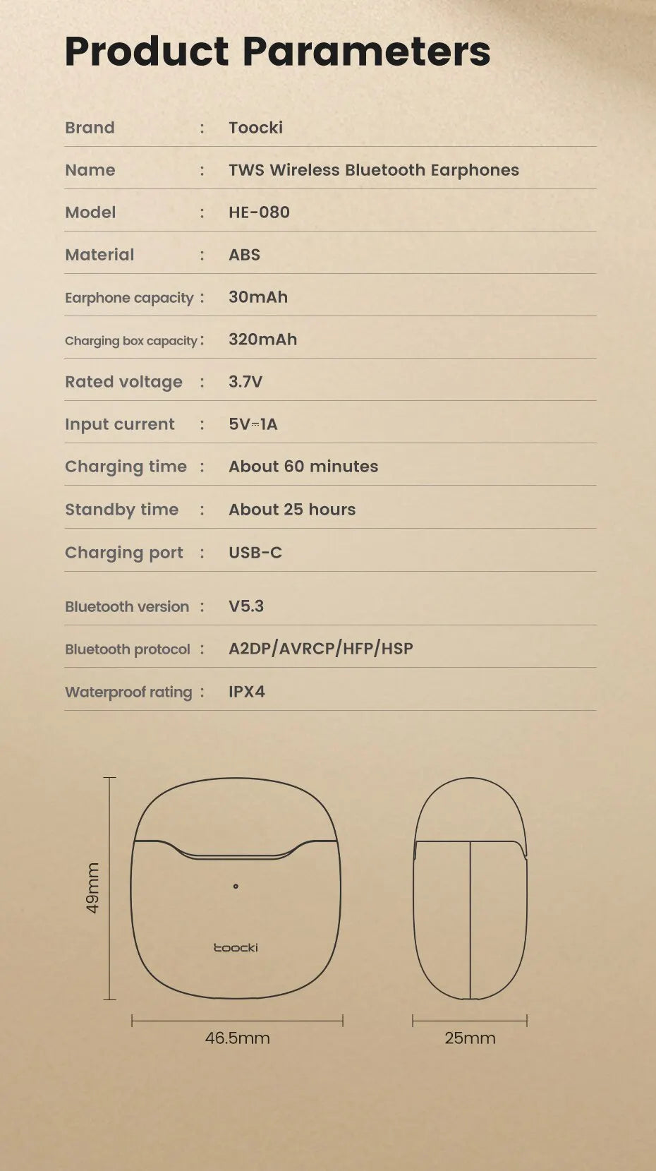 Toocki Wireless Bluetooth Headphones Bluetooth 5.3 TWS Earphones IPX4 Waterproof Mini Earbuds For Xiaomi Huawei Redmi All Phone