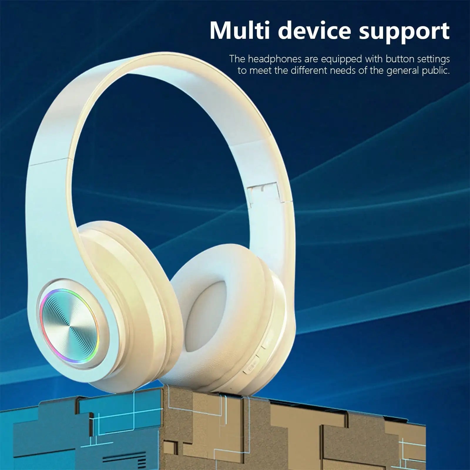 Bluetooth 5.3 Over-Ear Headphones, Active Noise Reduction, Subwoofer Bass, LED Light Design, Foldable Portable Wireless Headset for Gaming, Music, Sports, Phones & Computers