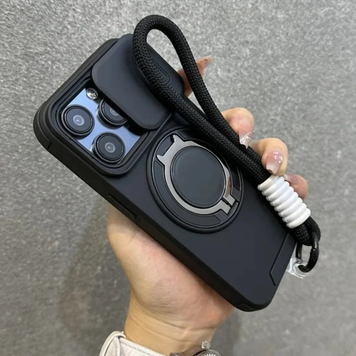 Armor Magnetic Bracket Case for iPhone 16e 16 14 13 12 11 15 Pro Max Plus With Lanyard Slide Camera Protection Shockproof Cover