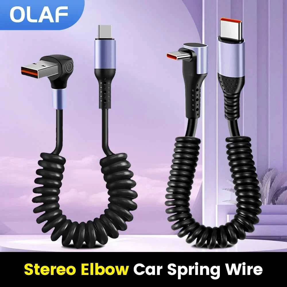 20CM To 1M Car Spring Cable 66W Short Fast Charging Wire Type C TO Type C Cable For iPhone 15 Huawei Xiaomi Samsung USB C Cable