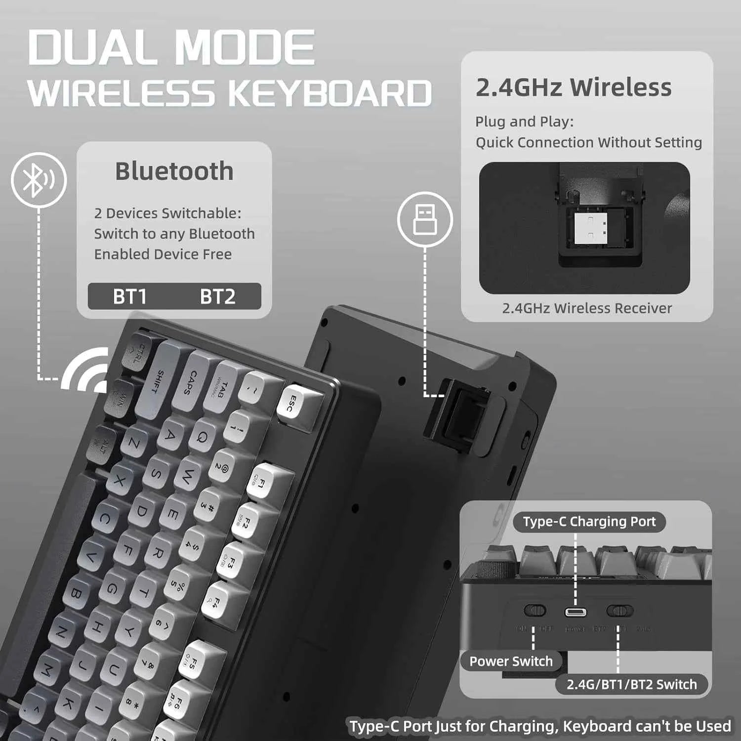 M96 Wireless Gaming Keyboard Creamy Membrane with Rainbow Backlight,Media Knob,LCD Screen,Dual Mode-Bluetooth/2.4Ghz,Ball Shape