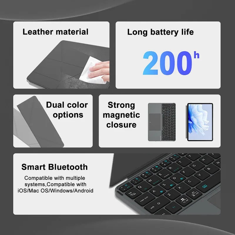 Multi-functional Wireless Bluetooth 5.0 Folding Keyboard for Tablet/Phone/PC Detachable Leather Stand Touch Portable Keyboard