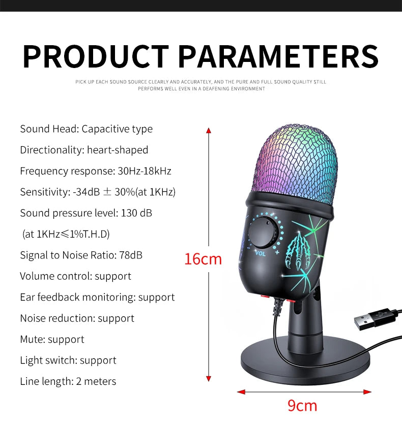 USB Microphone Play Gaming Mic for PC Mac PS4/5 Podcast Microphone with RGB Mute Monitor Noise Reduction for Recording Streaming