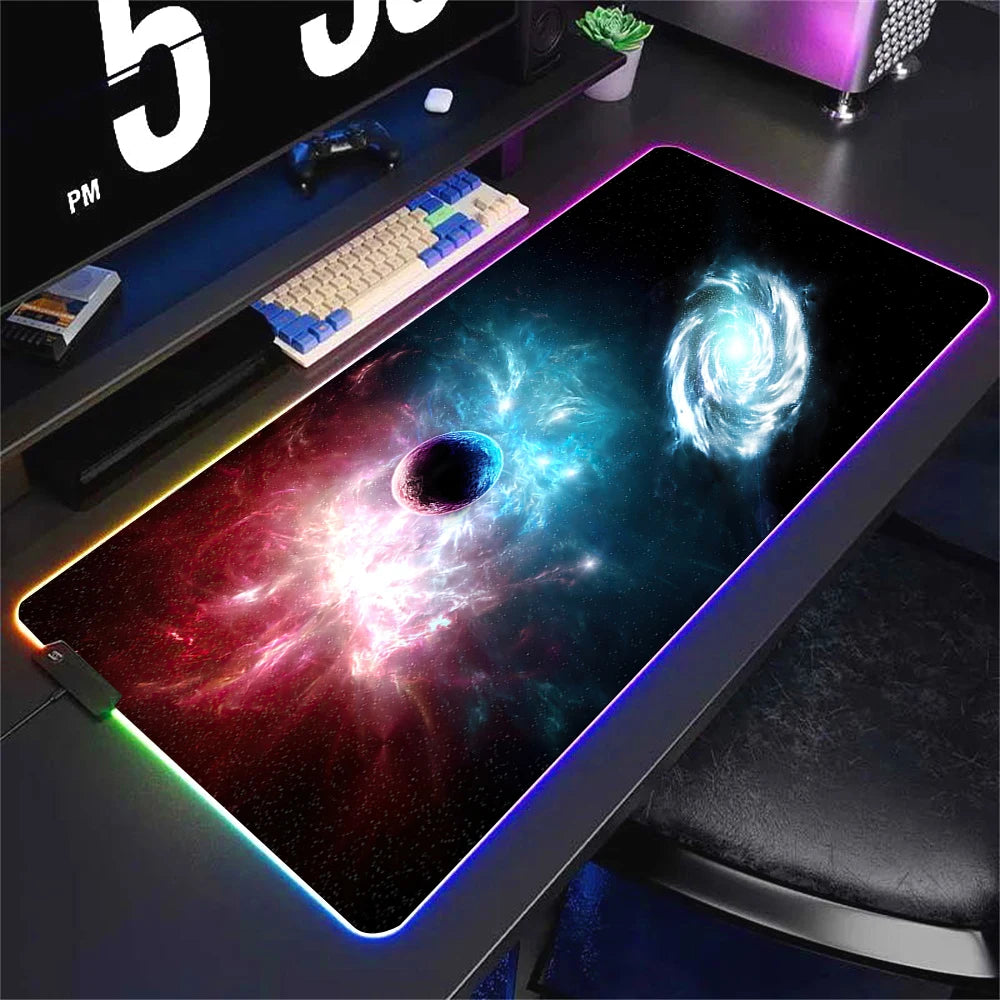 Universe RGB Gaming Mousepad Space Mouse Mats LED Large Gamer Backlit Mousepads XXL Keyboard Pads Luminous Deskmat Mouse Pad