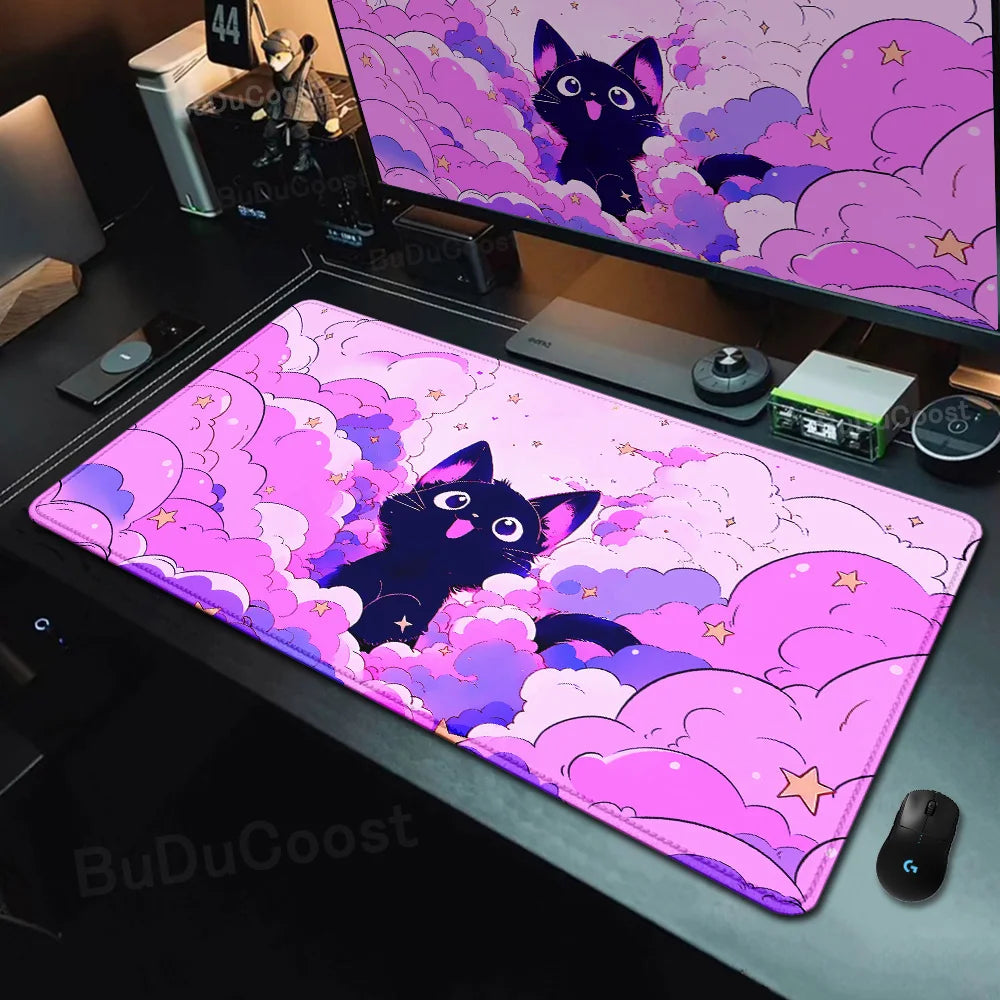 Kawaii Black Cat Mousepad Fast Delivery Keyboard Desk Mat 40x90cm Lock Edge Extend Mouse Pad Starlit Sky Office Table Protection