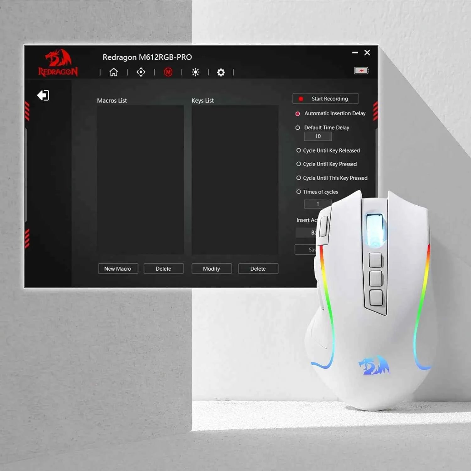 Redragon M612 PRO RGB 8000 DPI Wired/Wireless 9 Programmable Buttons 6 Backlit Modes Gaming Mouse, White
