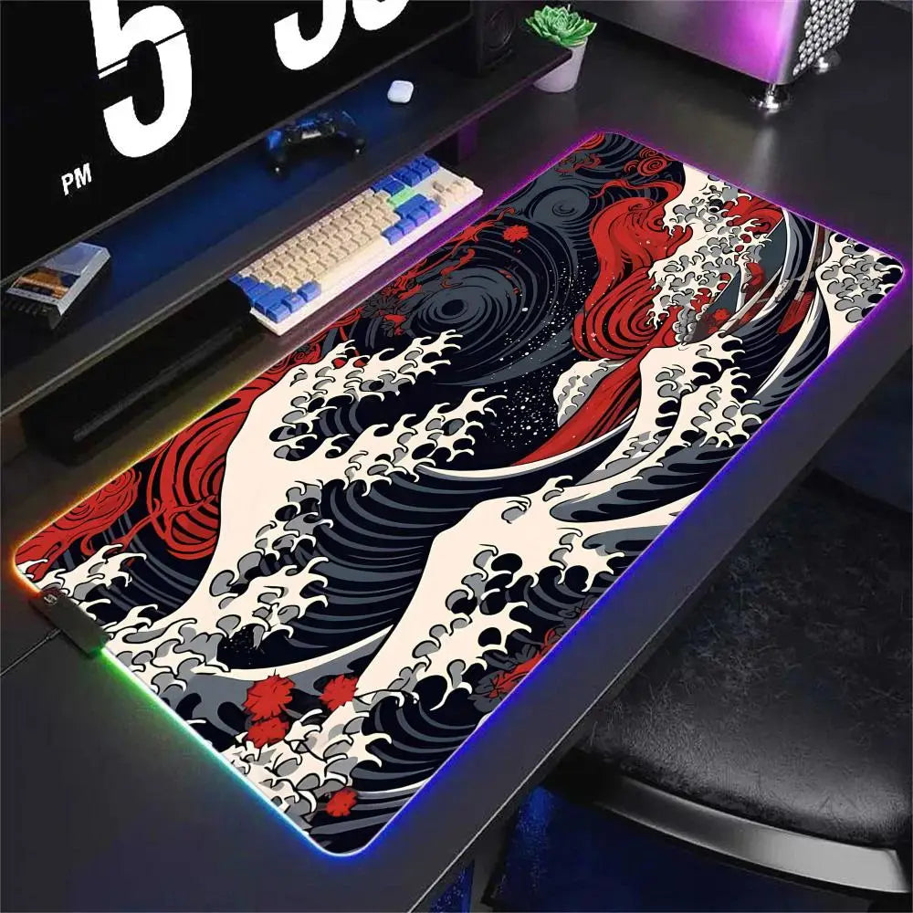 Japan Style Wave Mouse Pad RGB Lighted Mousepad Mechanical Keyboard Pads Office Computer Accessories LED Non-slip Game Table Mat - WinSupport Tech
