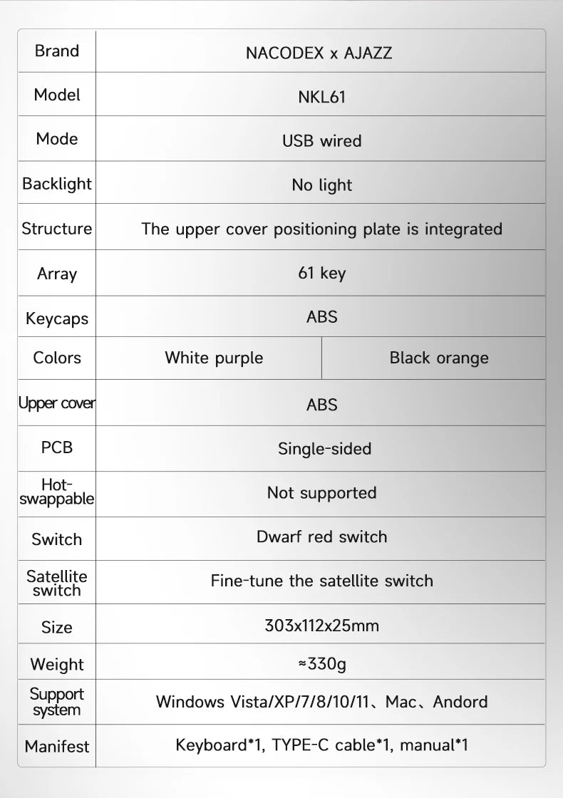 Ajazz NKL61 Wired And Matte Office Keyboard 61-Key Slim Body ABS Wired Office Keyboard Suitable For Office Use