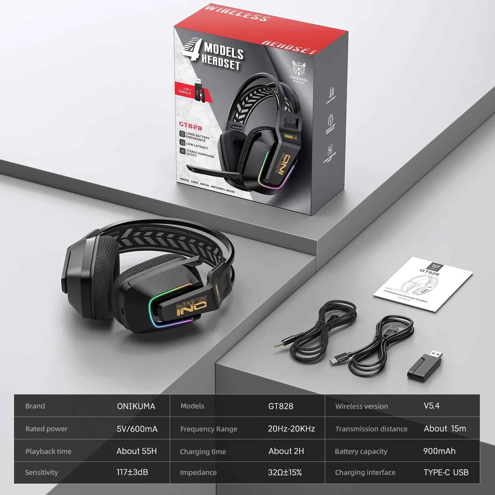 ONIKUMA GT828 Bluetooth Headset Four-mode Connection Over Ear HIFI Stereo Wireless Gaming Headsets with Mic for PC Laptops PS5