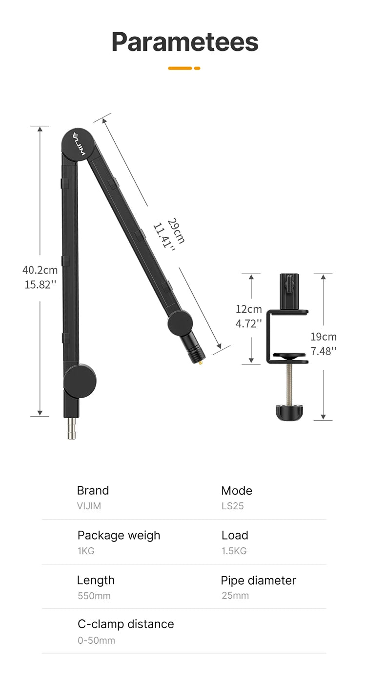 Vijim LS24/LS25 Microphone Boom Arm Stand – Heavy Duty Adjustable Desk Mount for Blue Yeti, DSLR Camera, Smartphone & Streaming Setup