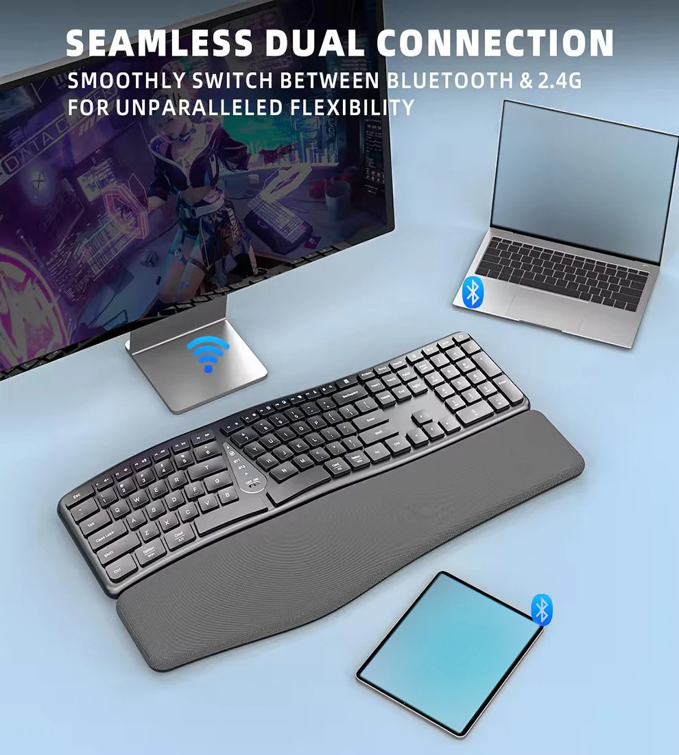 Ergonomic Wireless Silent Split Keyboard Mouse Combo With Wrist Rest BT Dual Mode Wireless Rechargeable Keyboard For Win7/8/10