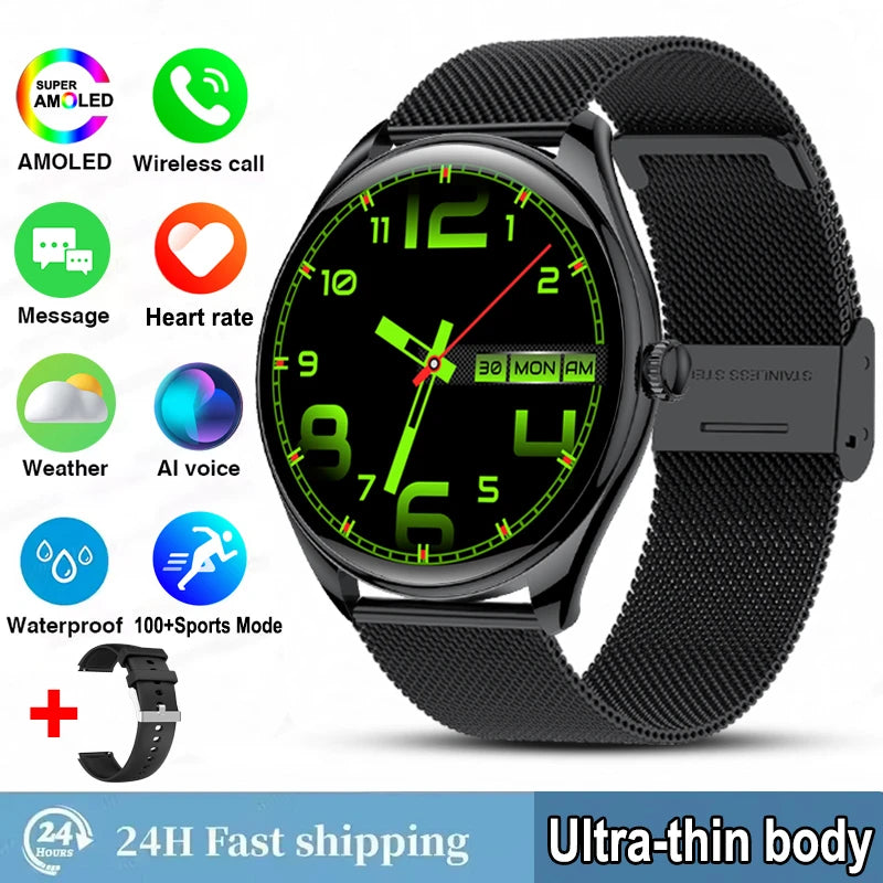 New Ultra Thin SmartWatch Men AMOLED 3D Screen Always Show Time Sports Fitness Waterproof Heart Rate Bluetooth Call Smartwatches