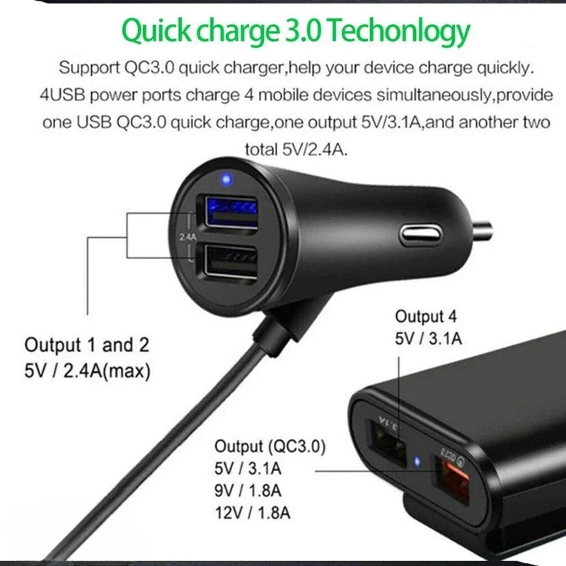 QC 3.0 Quick Charge USB Quick Charge 3.0 Car Charger for Front & Back Car Cigarette Lighter Chargers 4 USB Ports Vehicle Charger