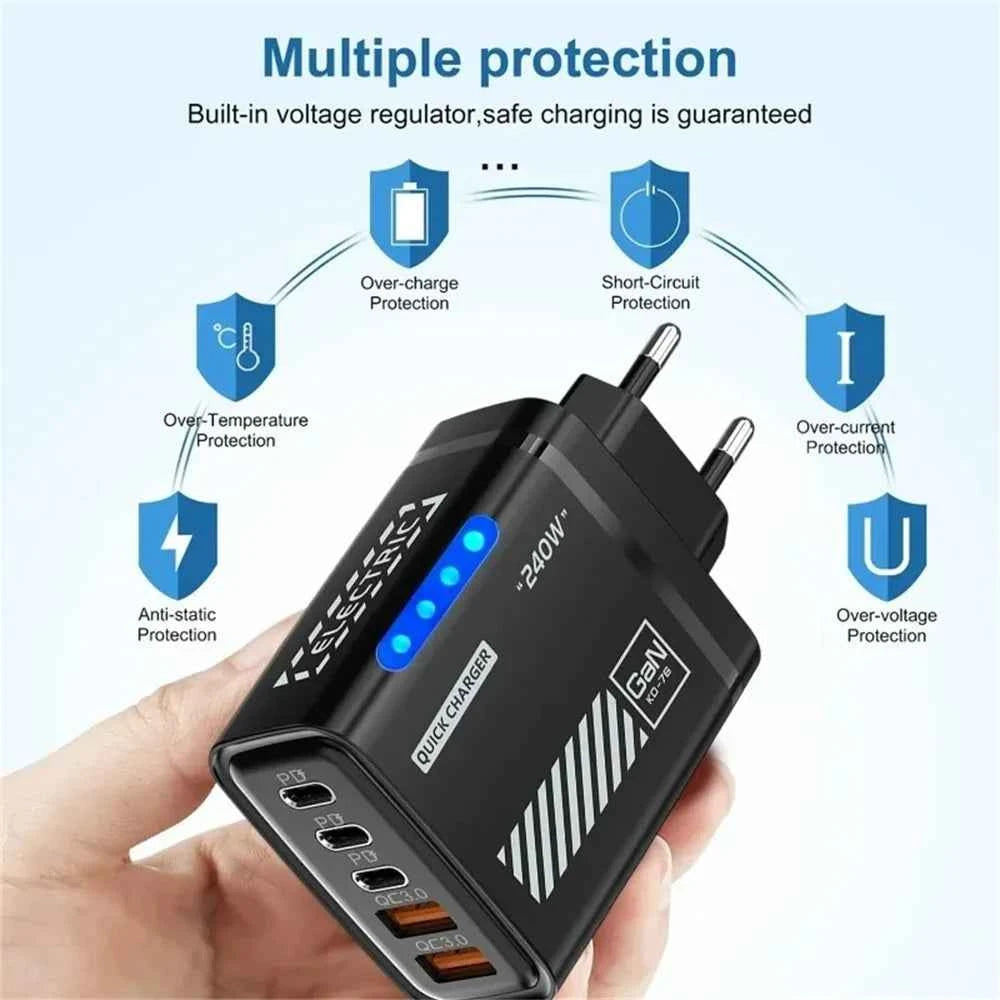 5 Port GaN Fast Charger 240W USB C PD Charger QC 3.0 Wall Adapter for iPhone Samsung Xiaomi Huawei Fast Charging EU US Plug LED