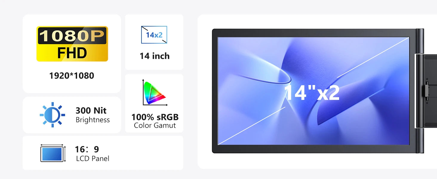 Amoudo14 Inch Dual Portable Monitor 1920*1080P IPS Portable Triple Monitor with USB-C Port for 14-16.5