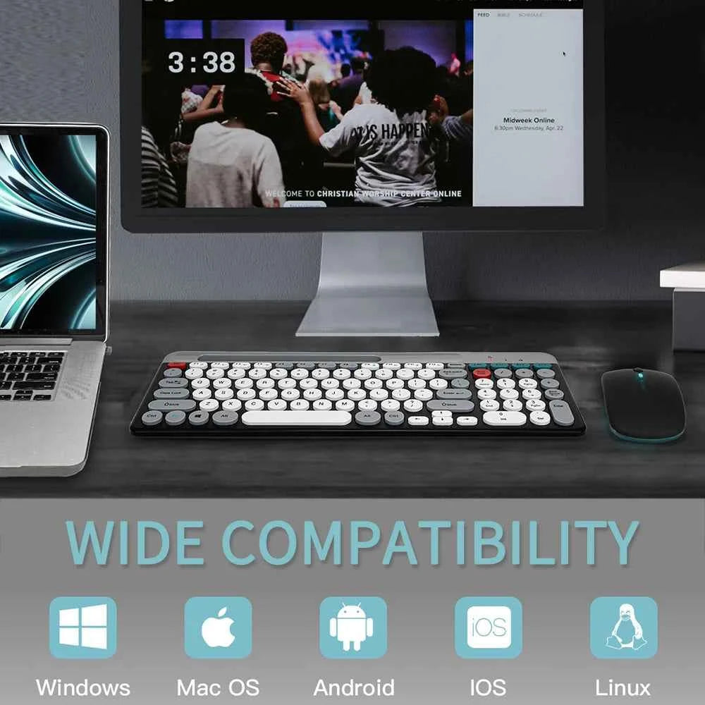 Dual Mode Wireless Keyboard And Mouse Set Vintage Punk Style Round Keycaps Rechargeable Suitable For Laptops Tablets And Desktop