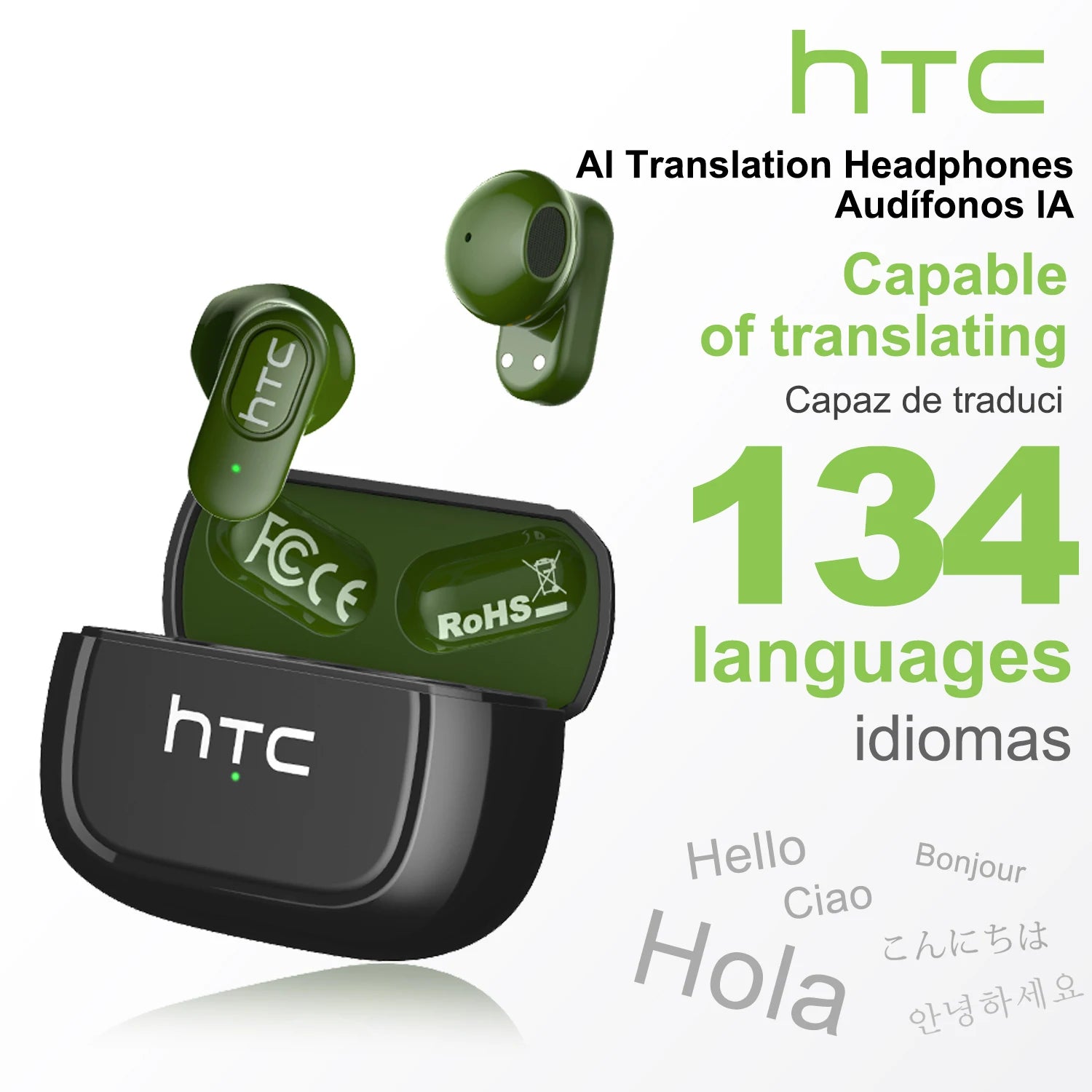 HTC NE51 Bluetooth Earphones TWS Sport Wireless Headphones Long Life with Mic In-Ear Earbuds AI Translator Earbuds