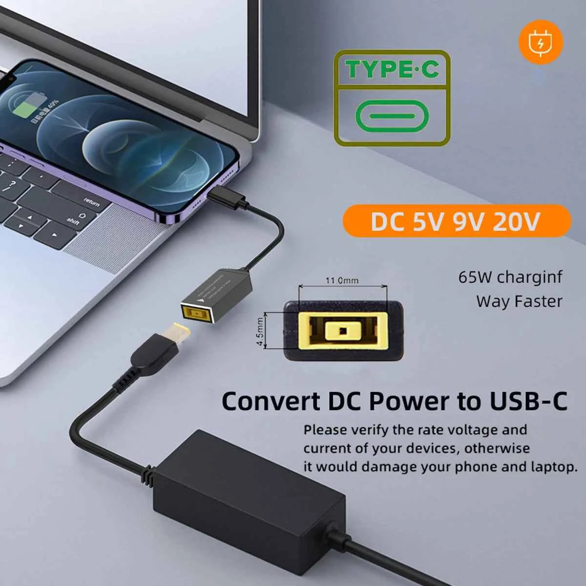 PD100W Square Jack to USB Type-C Converter Charging Cable Compatible with Lenovo Power Adapter for Laptops Mobile Phones Tablets