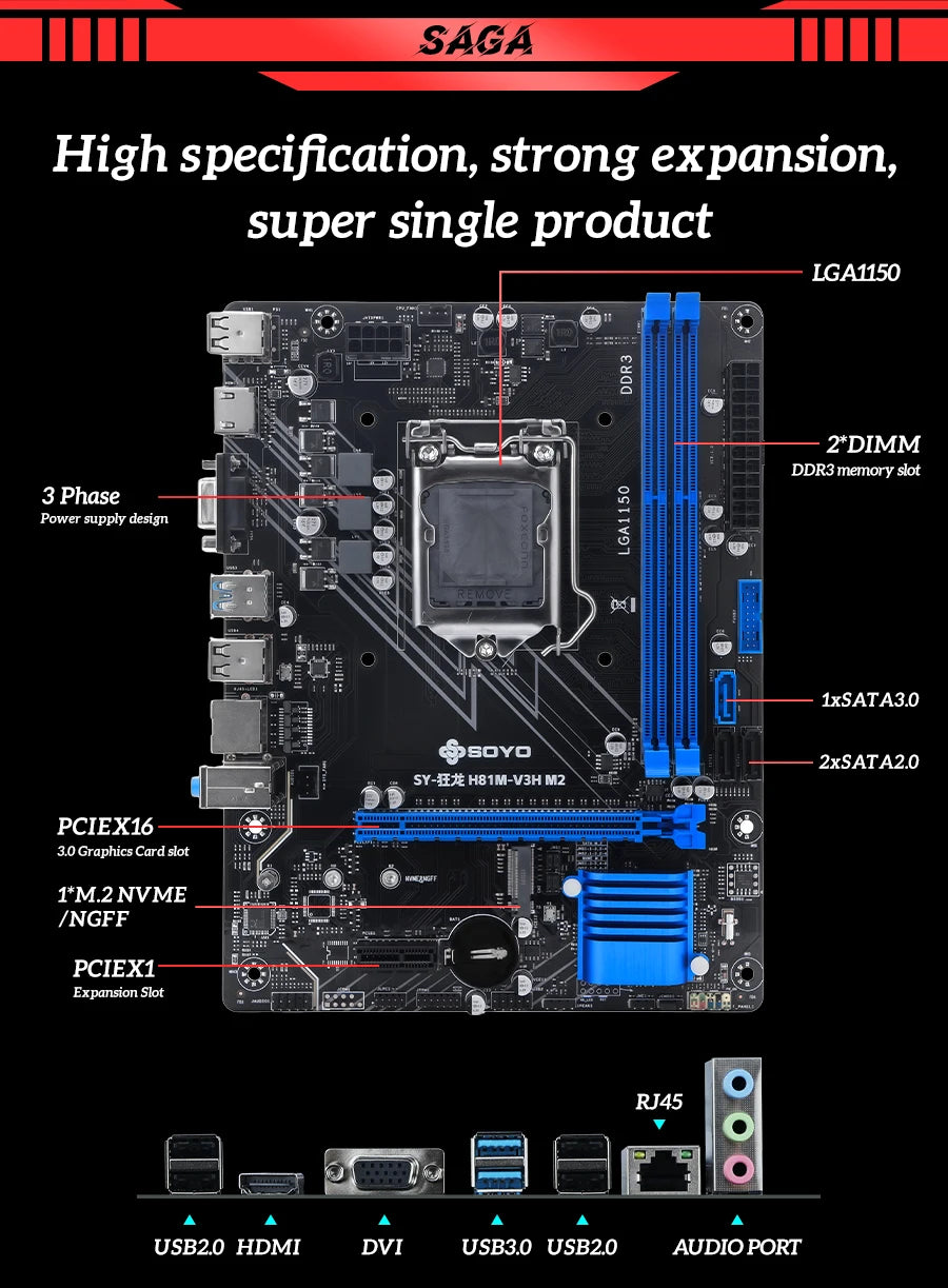 H81 Motherboard SOYO DDR3 LGA 1150 RAM 16GB Support I3 I5 I7 Nvme NGFF M.2 Slot VGA HDMI-Compatible RJ45 Gaming Mainboard
