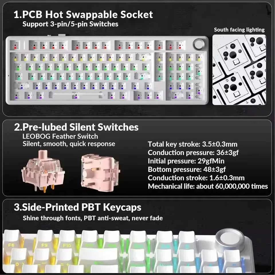 AULA F99 Pro Silent Mechanical Keyboard 2.4G Wireless PBT Keycap Hot-Swappable RGB Backlit Translucent Sided Engraved Keyboard
